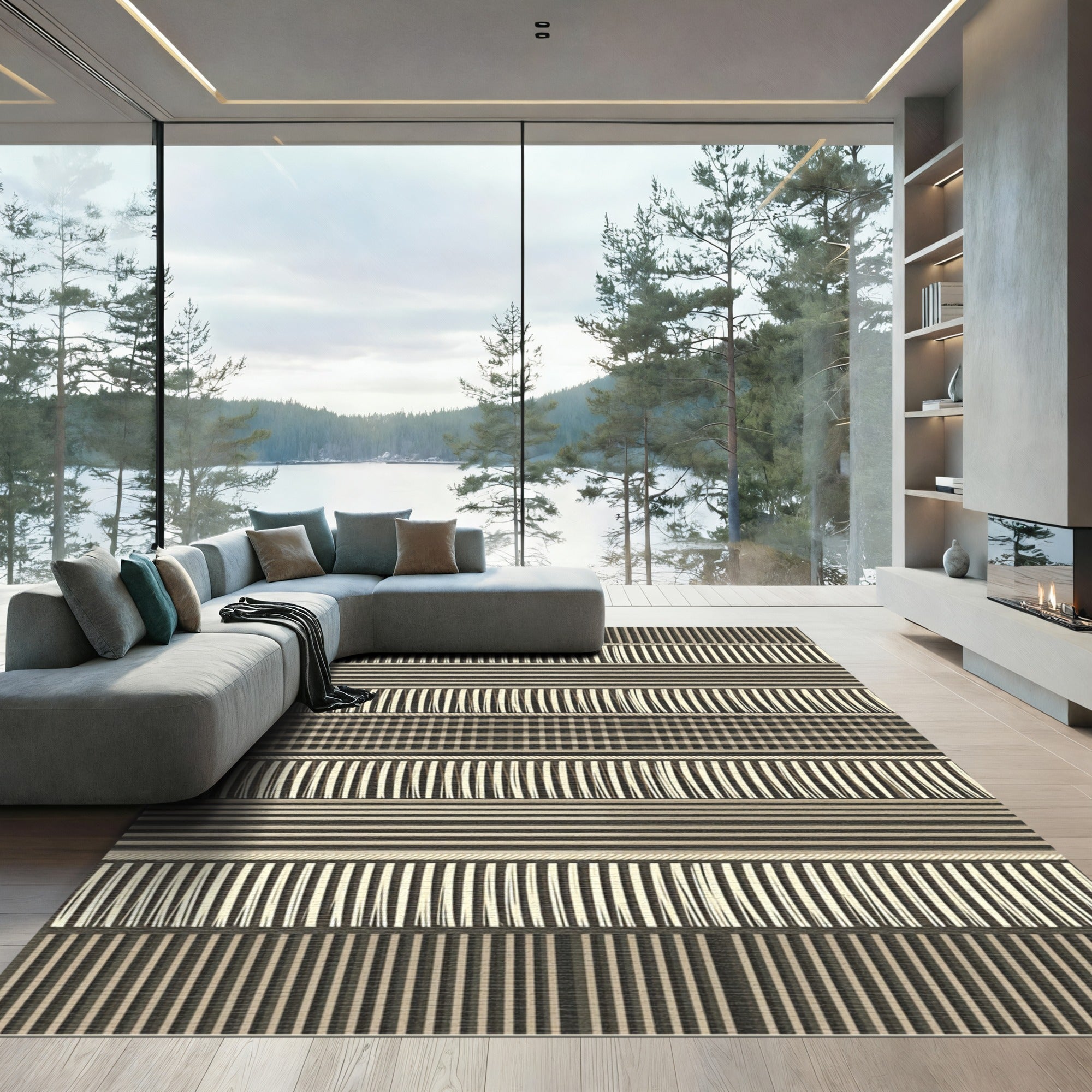 Earthy Neutral Tonal Striped Linear Grid Rug