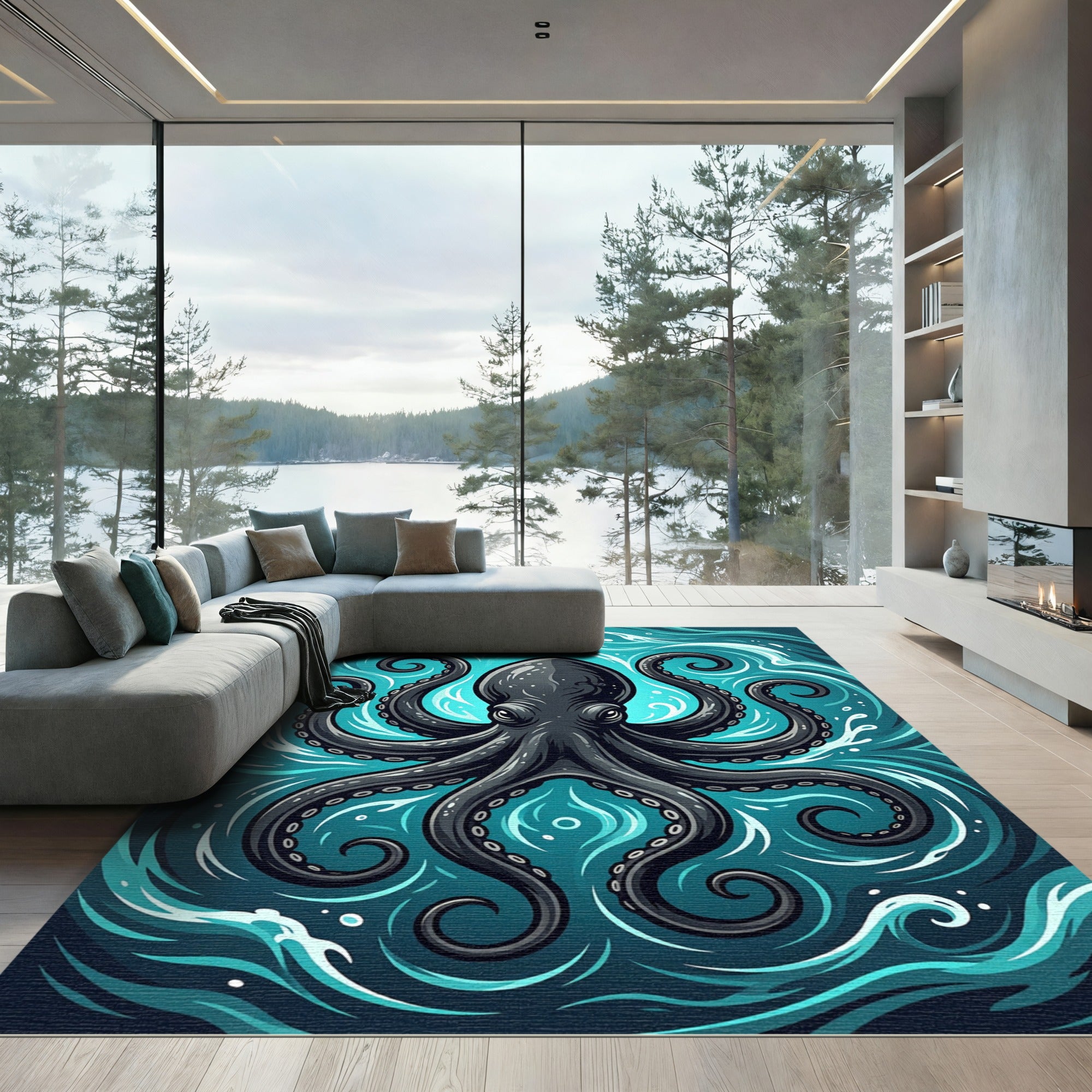 Dark Octopus Swirling Teal Ocean Waves Rug