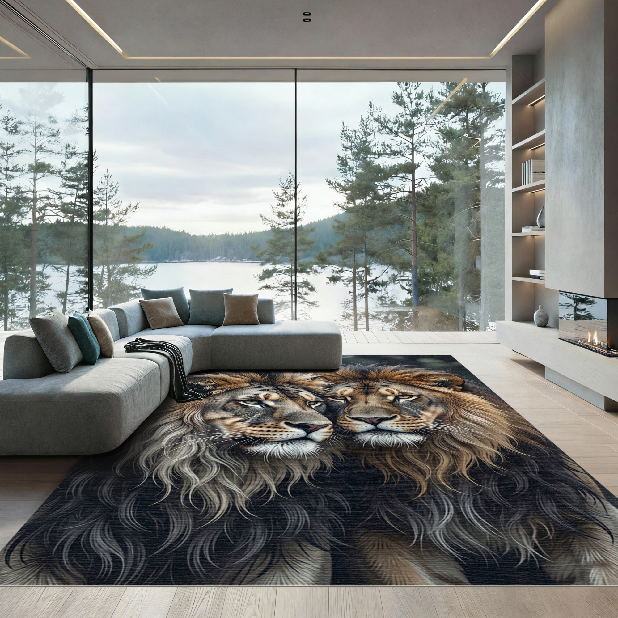 Majestic Golden Dual Lion Portrait Rug
