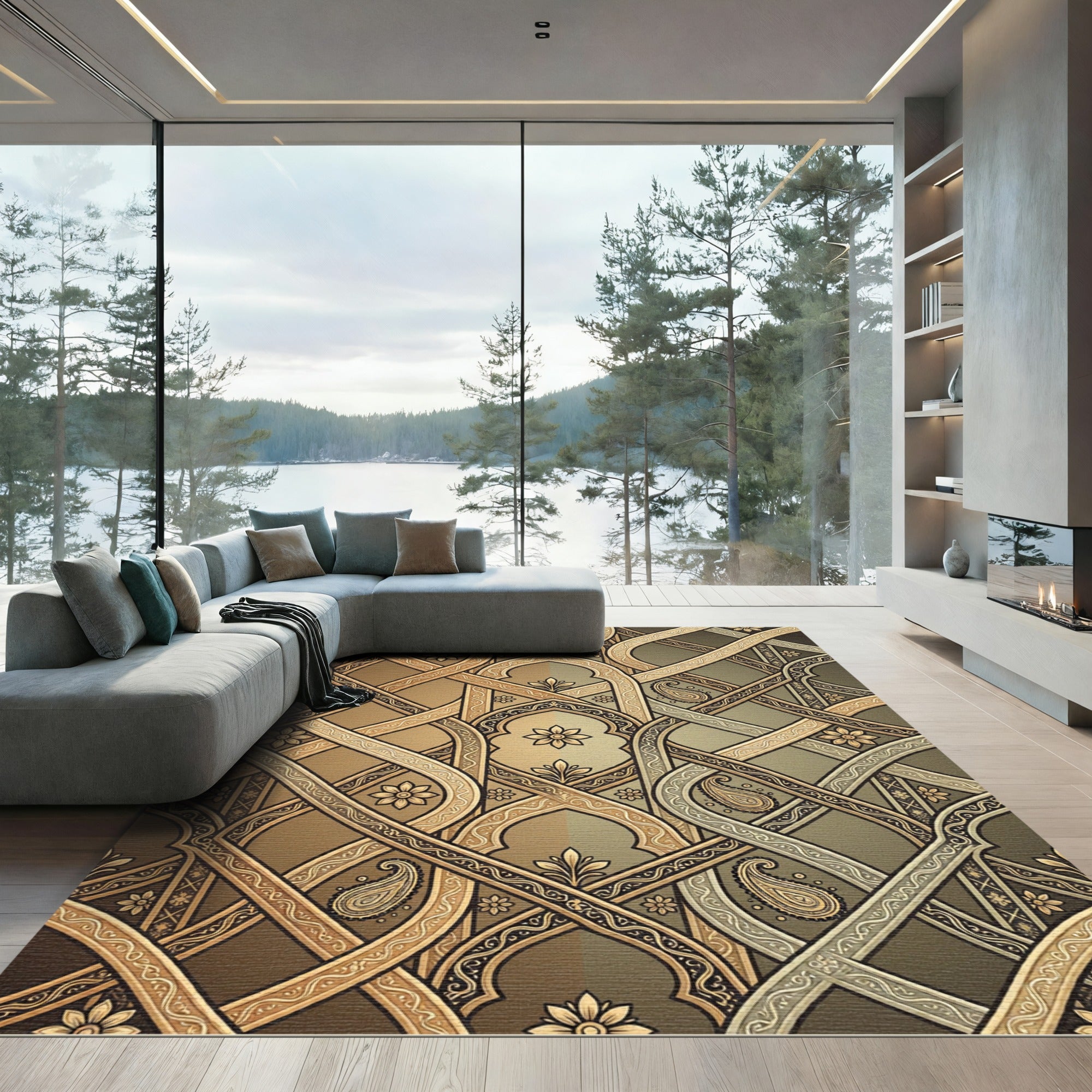 Golden Ornate Lattice Paisley Scroll Rug