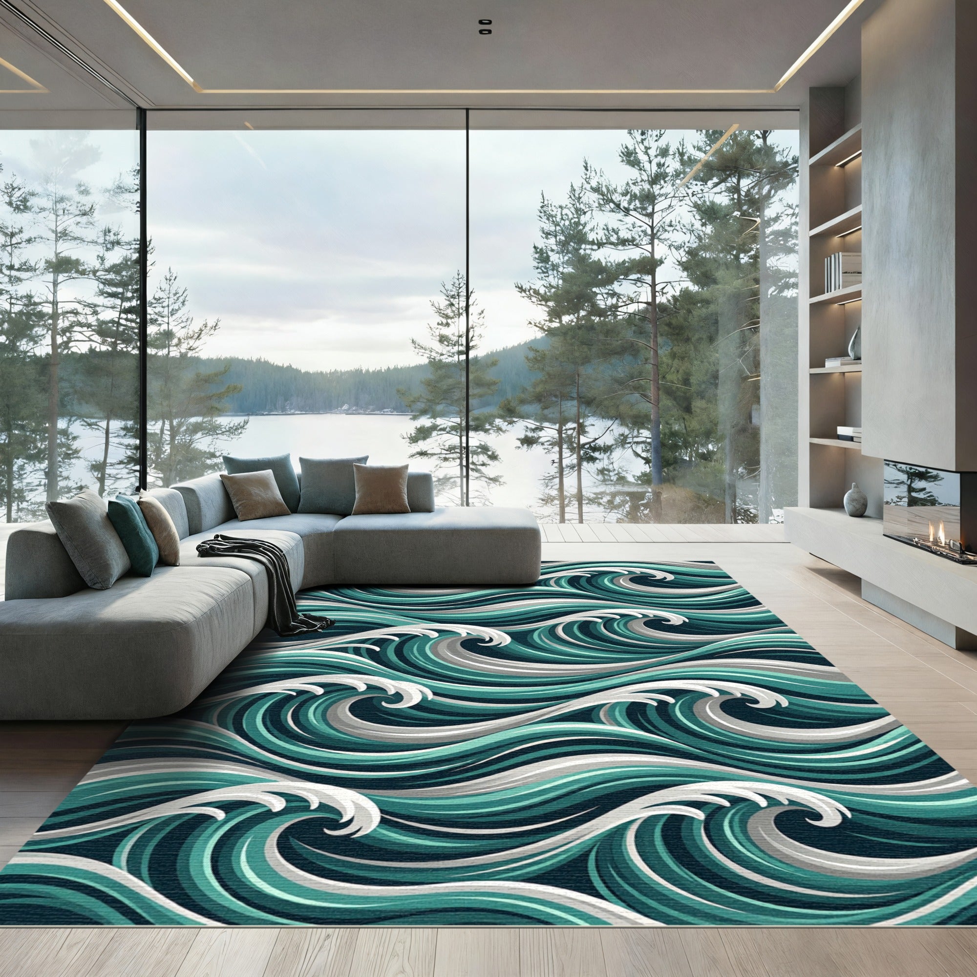 Deep Aqua Teal Wave Arrangement Rug