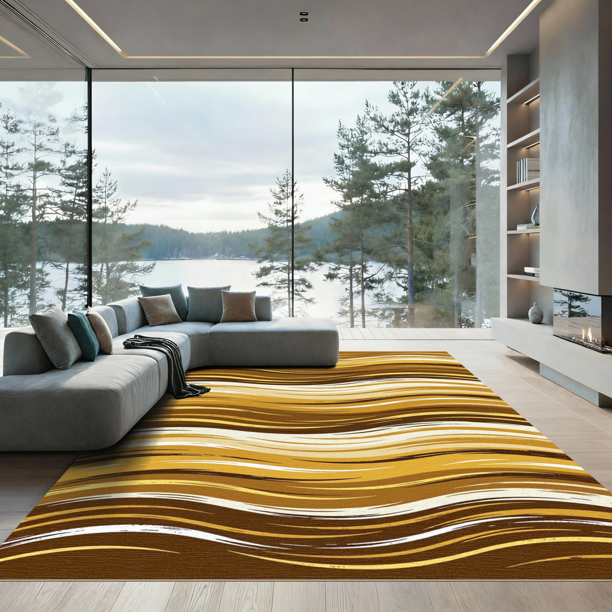 Cozy Golden Brown Wavy Horizontal Lines Rug
