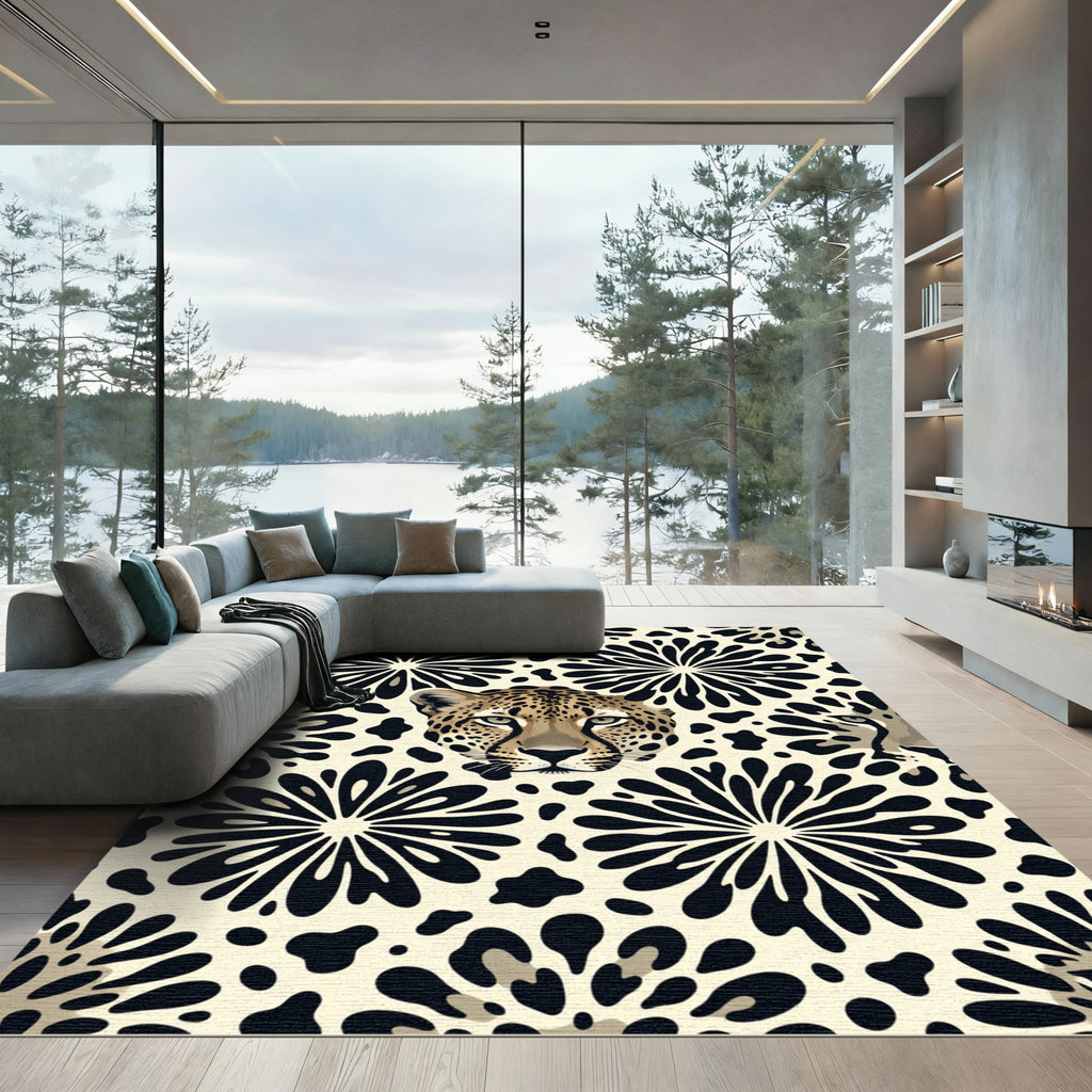 Bold Leopard Face and Floral Art Rug