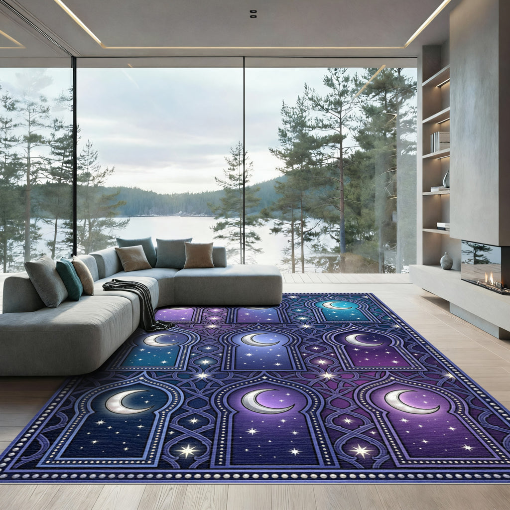 Midnight Crescent Moon Starry Night Windows Rug