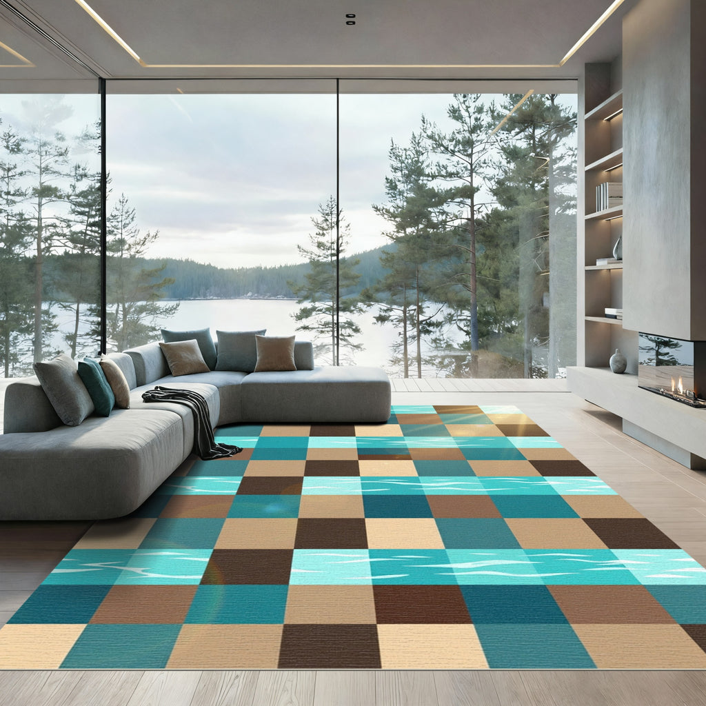 Geometric Checkered Teal Sunlit Water Rug