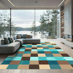 Geometric Checkered Teal Sunlit Water Rug