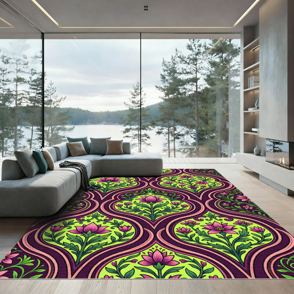 Vibrant Neon Pink Floral Damask Rug