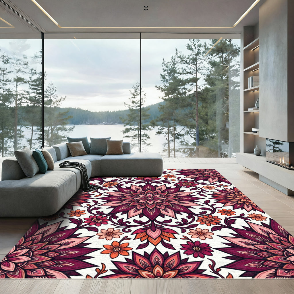 Crimson Orchid Floral Mandala Rug