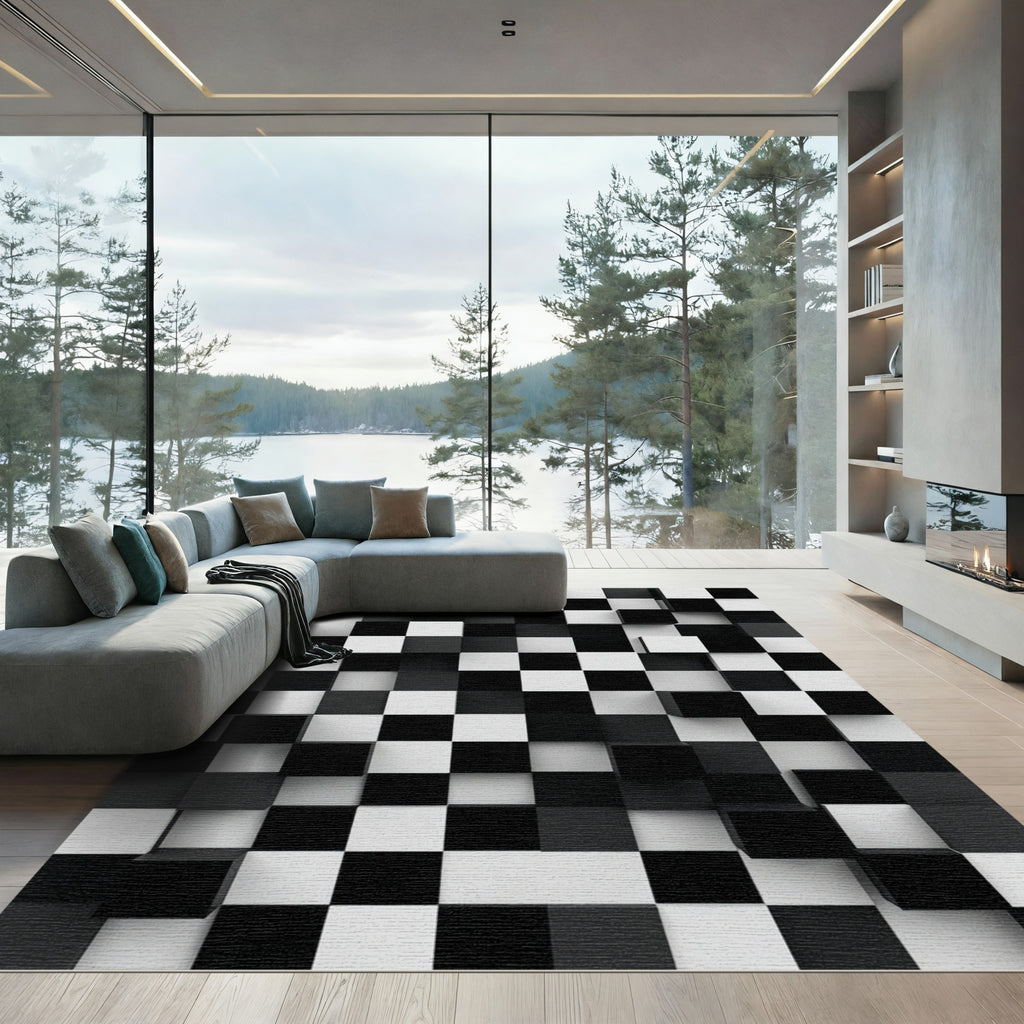Monochromatic Black White Cubist Composition Rug