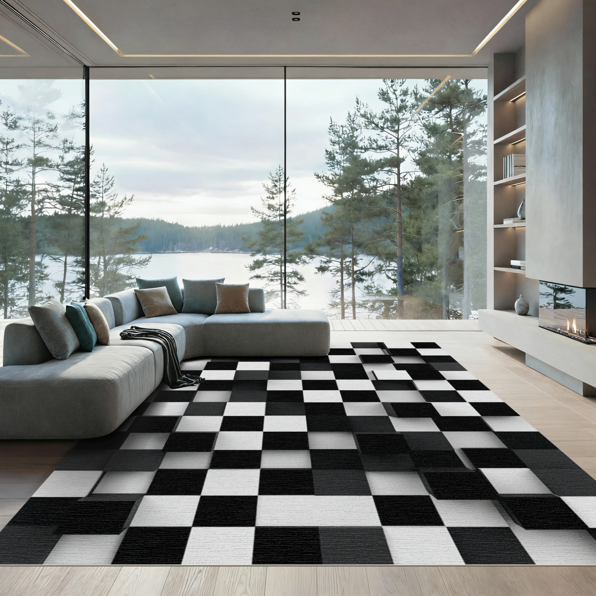 Monochromatic Black White Cubist Composition Rug