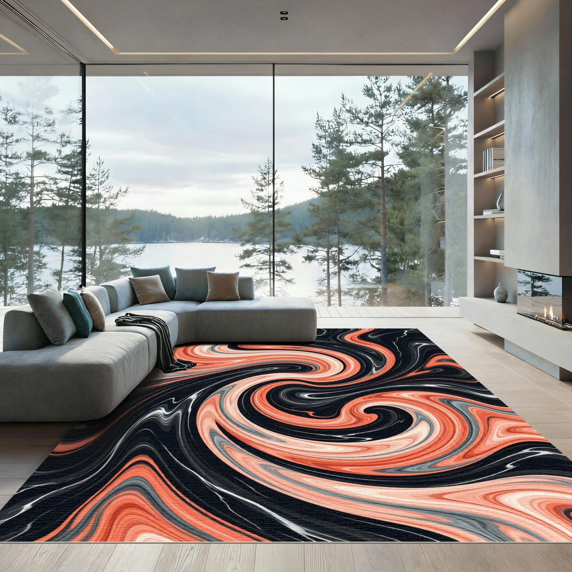 Coral Swirl Marble Black Rug