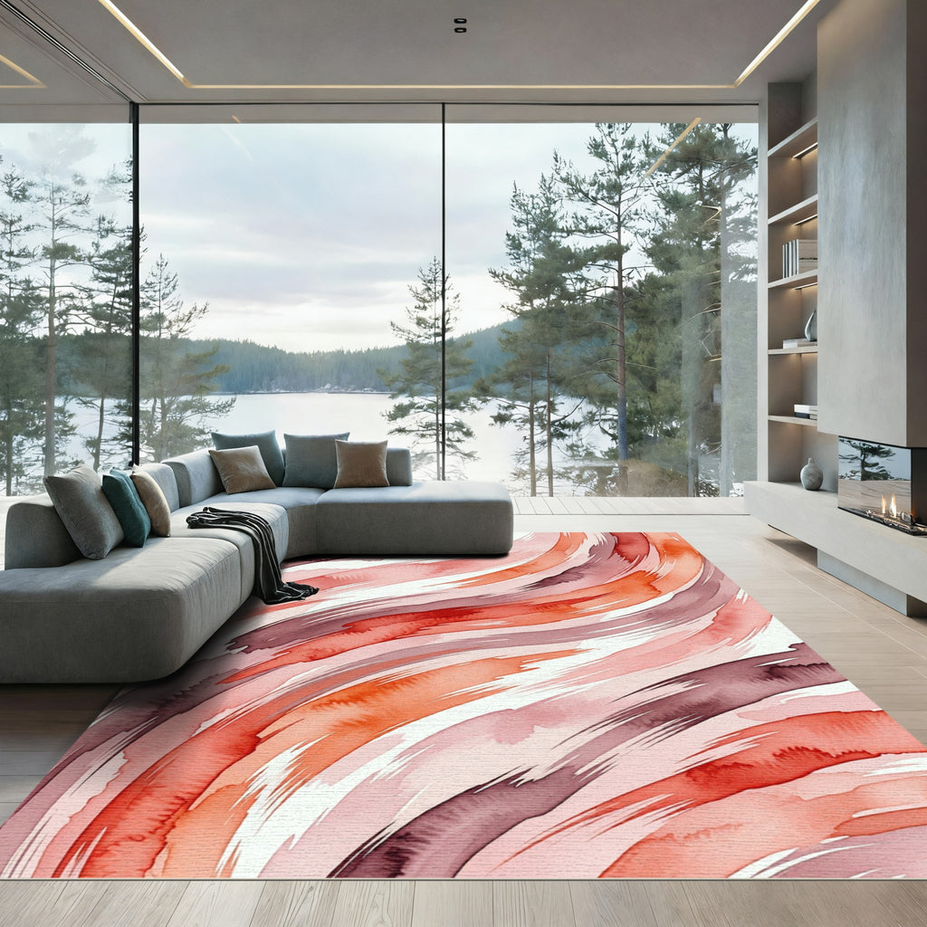 Abstract Watercolor Terracotta Crimson Swirls Rug