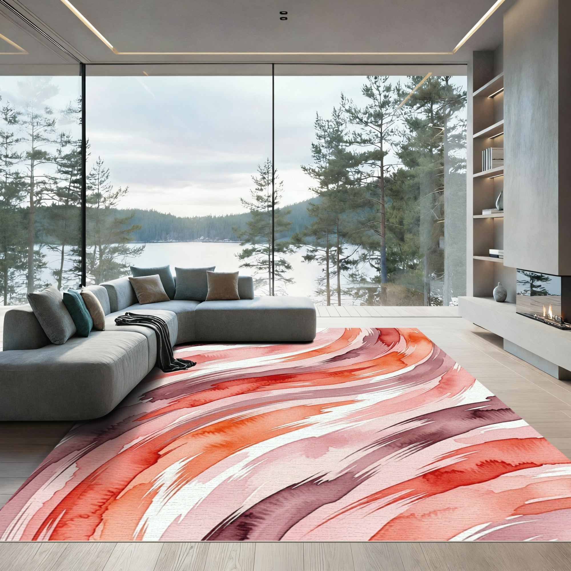 Abstract Watercolor Terracotta Crimson Swirls Rug