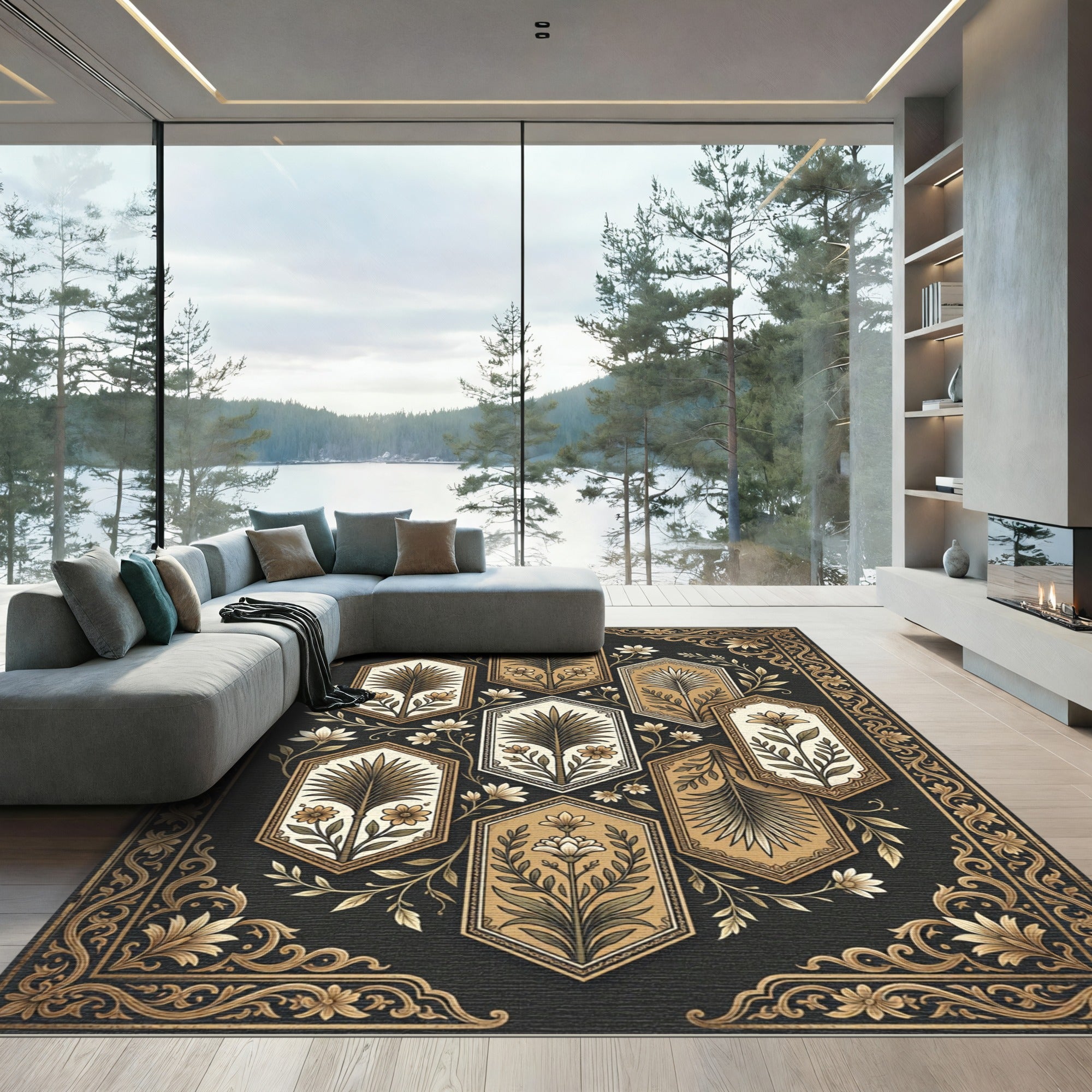Bronze Botanical Hexagonal Gold Filigree Rug