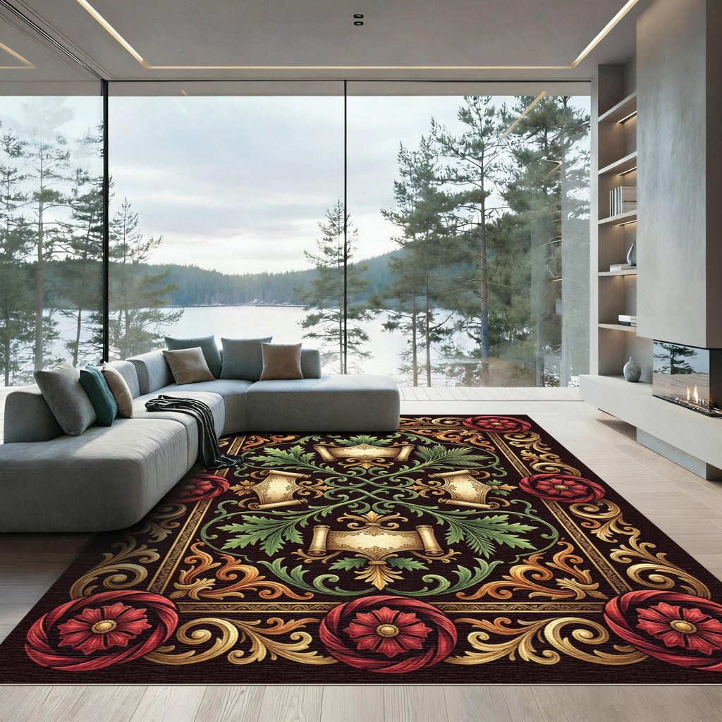 Ornate Red Gold Floral Vintage Scrolls Rug