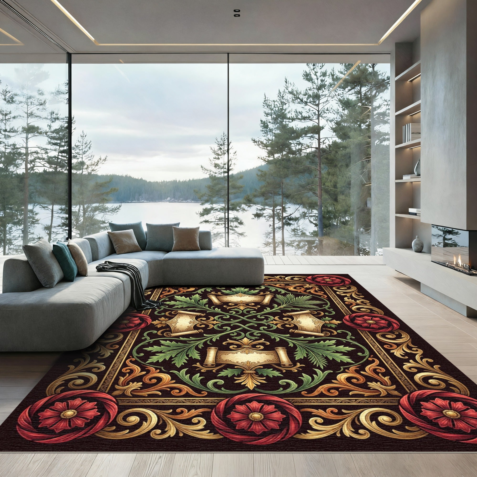Ornate Red Gold Floral Vintage Scrolls Rug