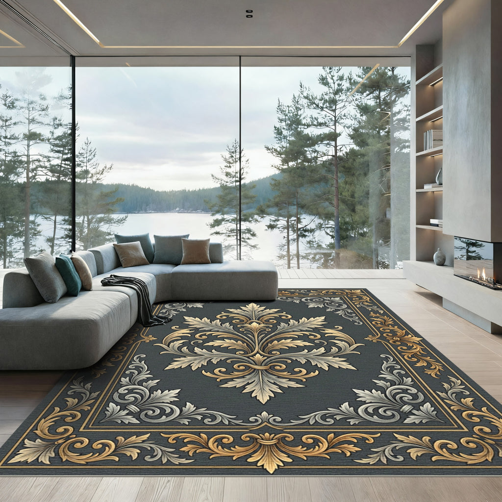 Ornate Gold Silver Damask Floral Rug