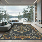 Ornate Gold Silver Damask Floral Rug