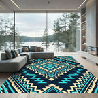Teal and Cream Geometric Aztec Diamond Rug