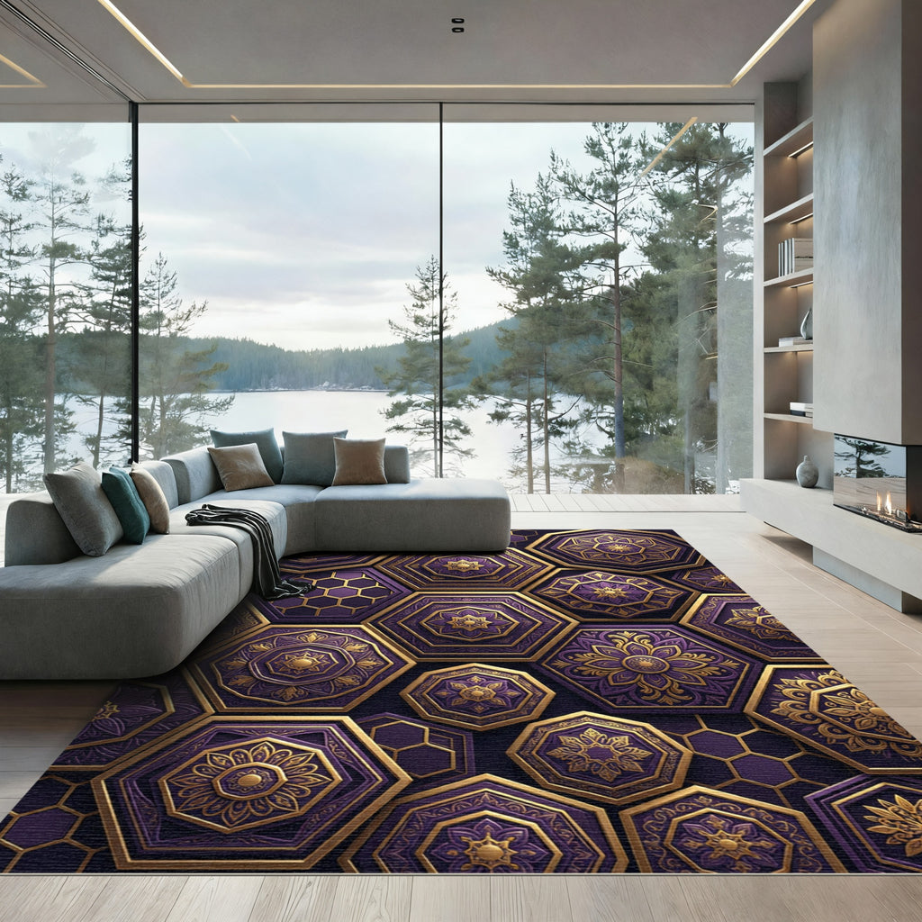 Royal Purple Hexagonal Gold Floral Mosaic Rug