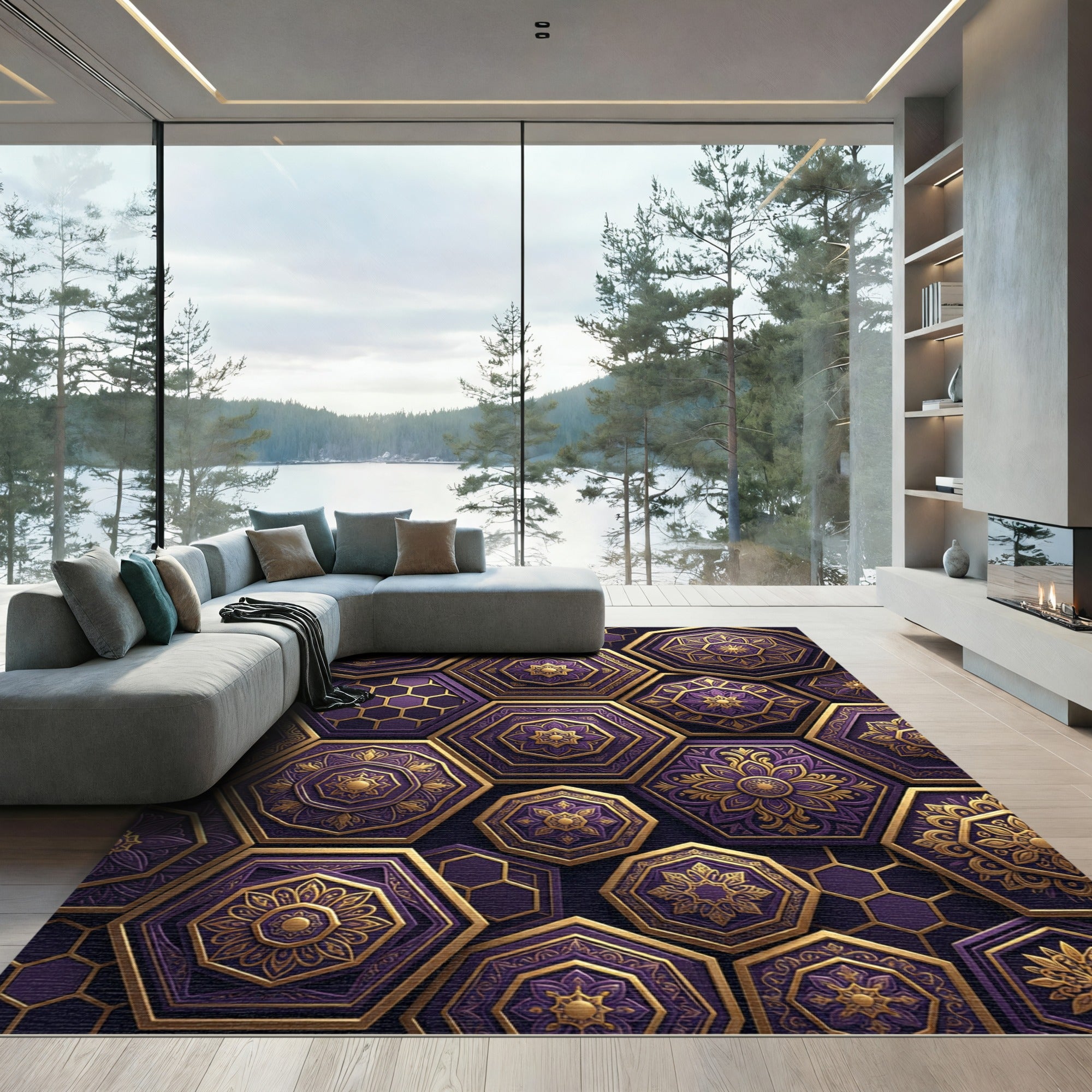 Royal Purple Hexagonal Gold Floral Mosaic Rug