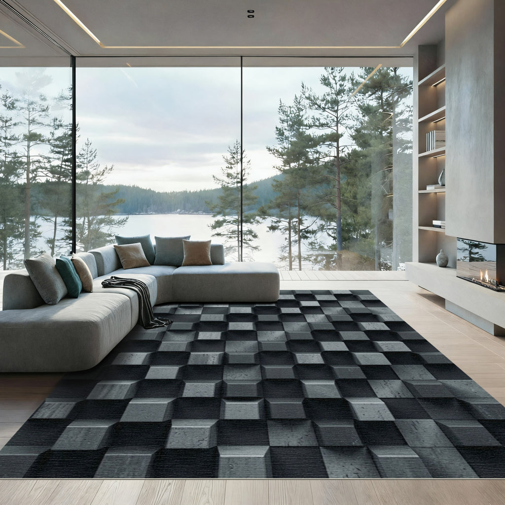 Modern Charcoal Dimensional Cube Grid Rug