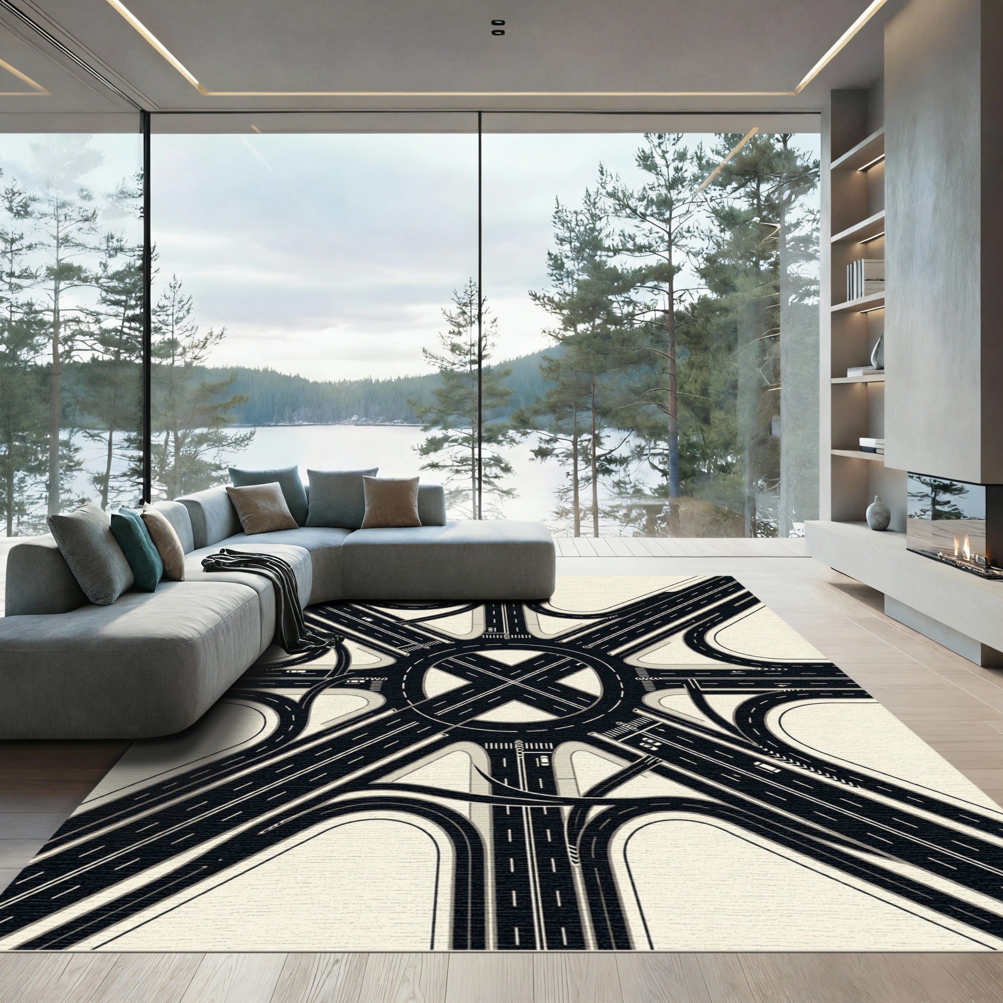 Modern Black and White Intersection Grid Rug