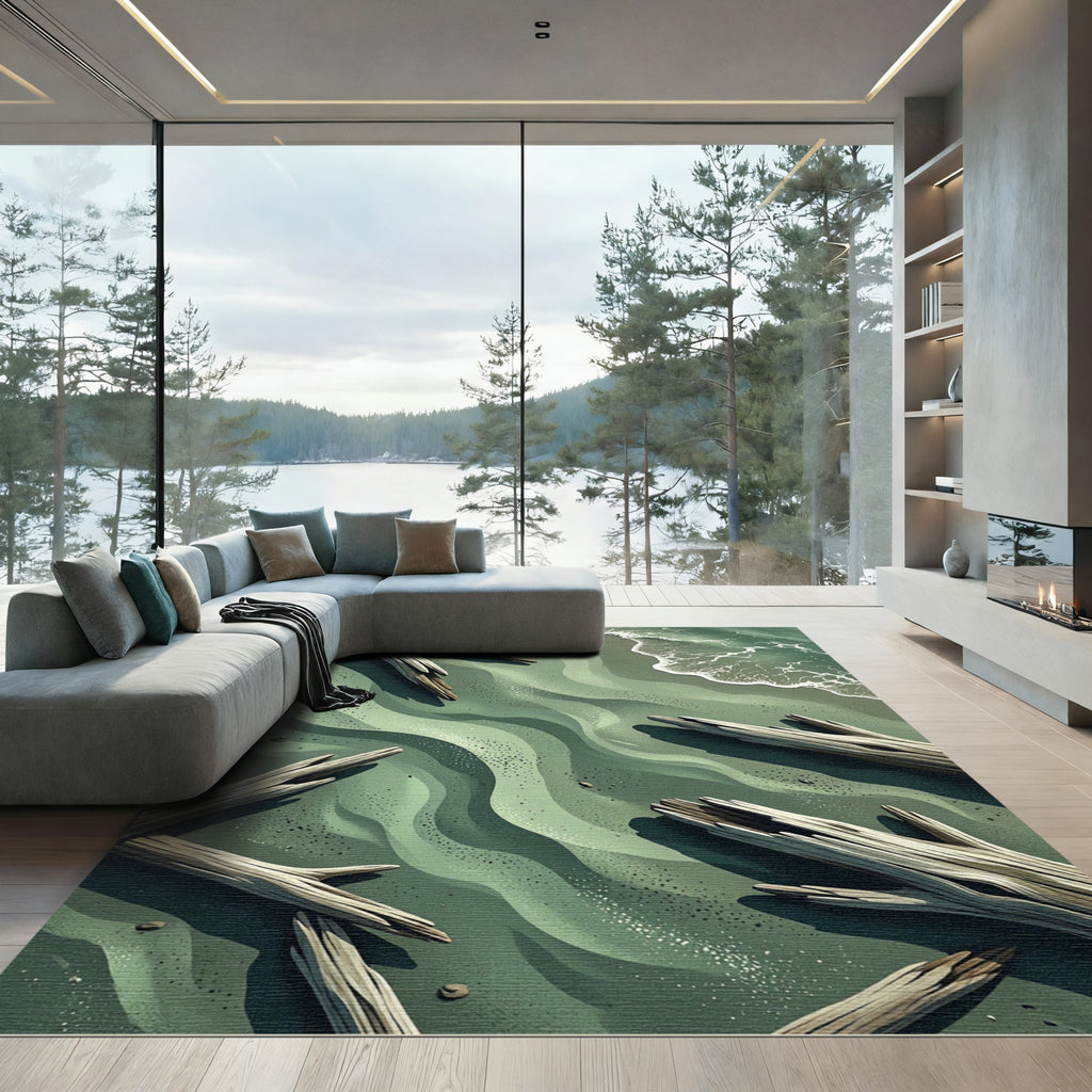 Earthy Green Coastal Driftwood Wave Rug
