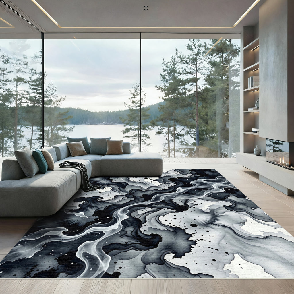 Black White Ink Cloud Swirl Rug