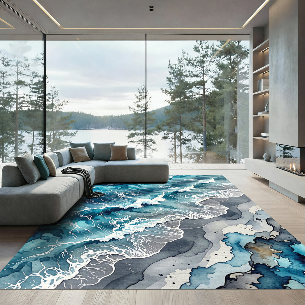 Abstract Blue Ocean Wave Coastal Landscape Rug