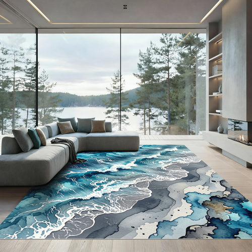 Abstract Blue Ocean Wave Coastal Landscape Rug