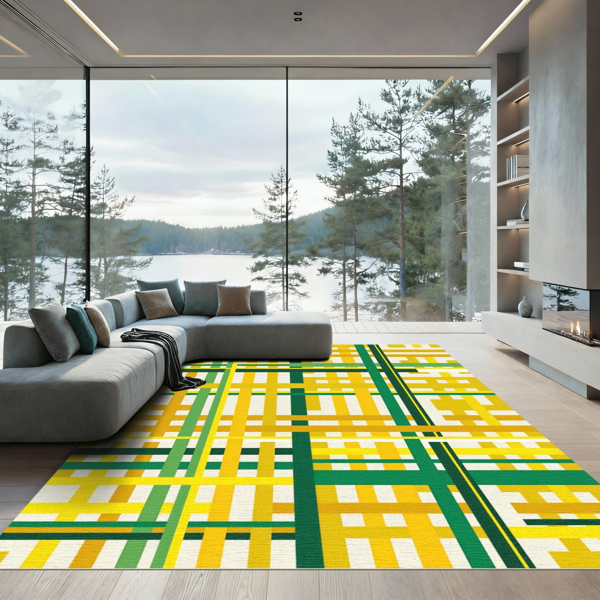 Modern Yellow and Green Geometric Grid Rug