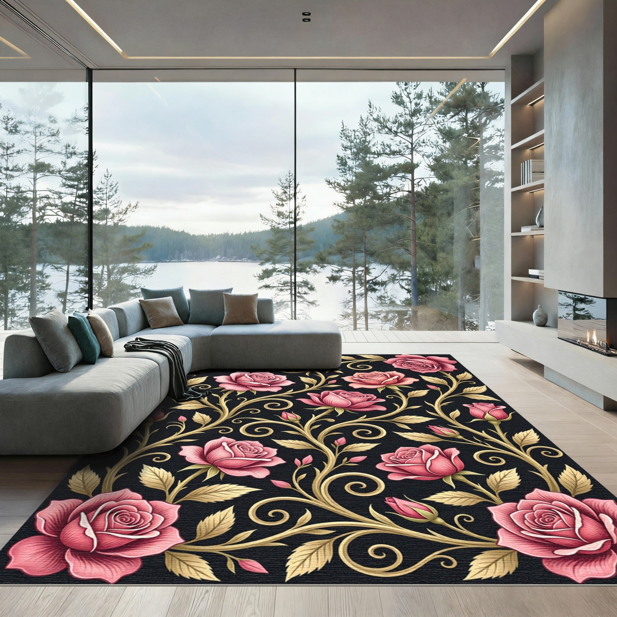 Vintage Pink Rose Golden Swirl Rug