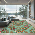 Sage Floral Embroidered Rococo Medallion Rug