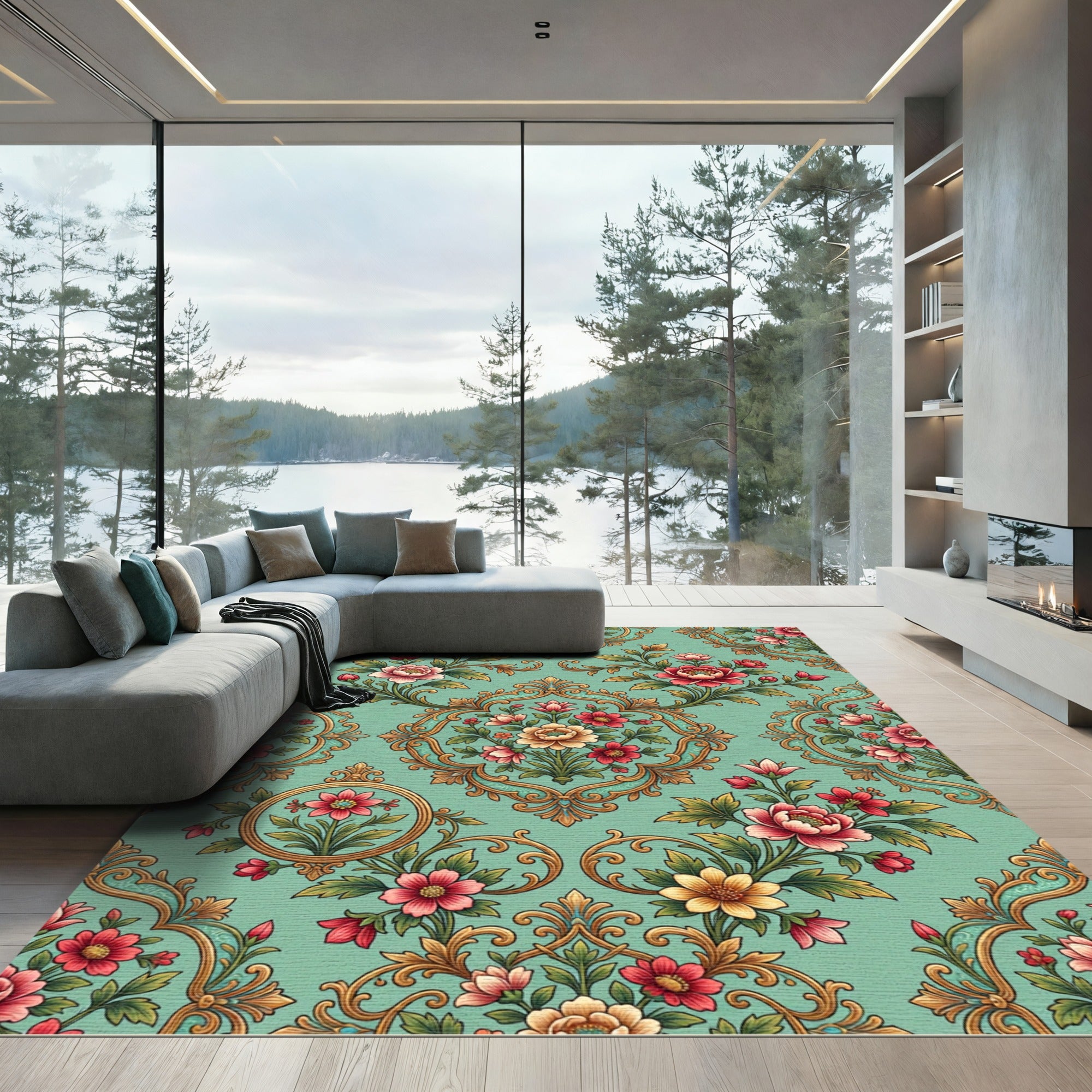Sage Floral Embroidered Rococo Medallion Rug