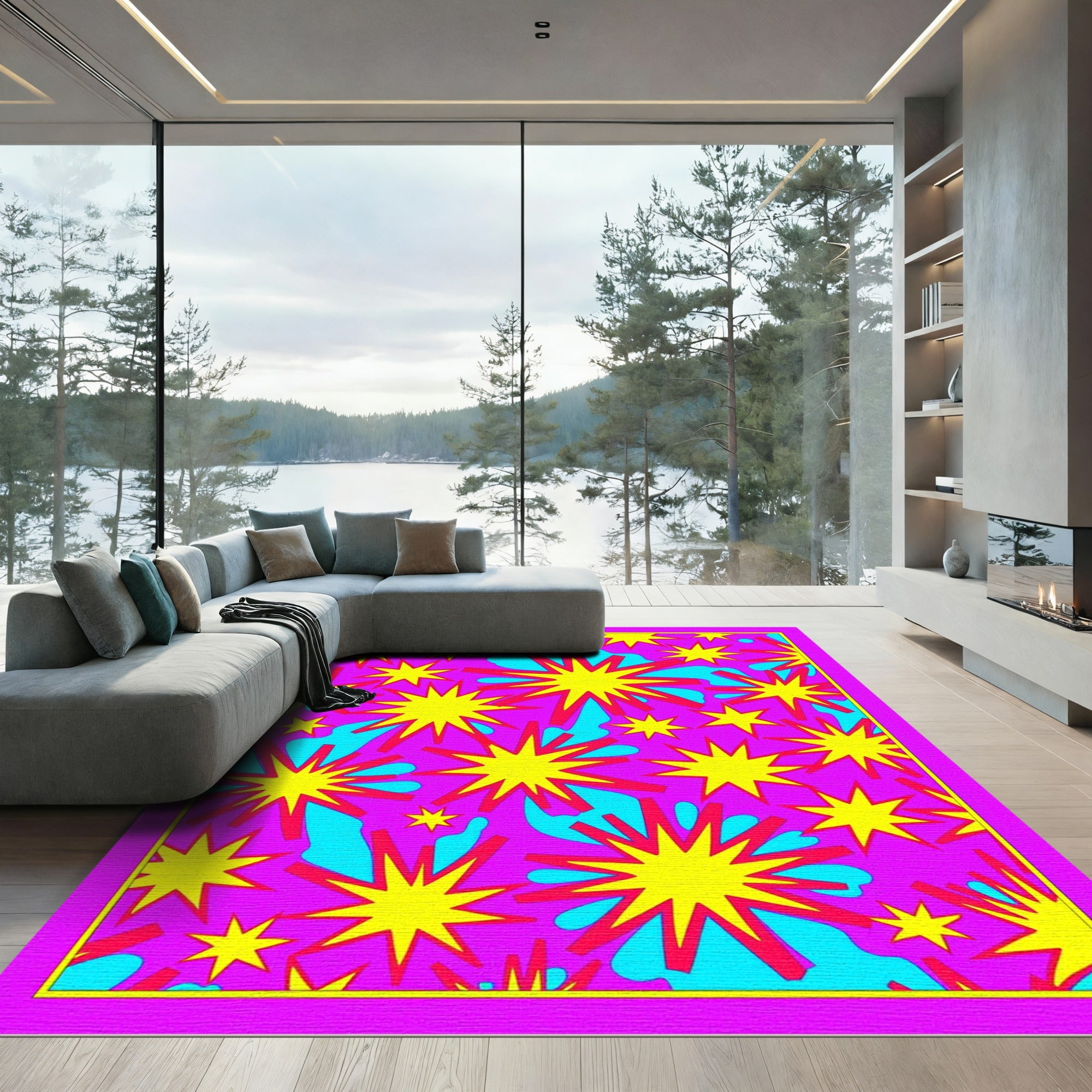 Vivid Pink Yellow Starburst Burst Rug