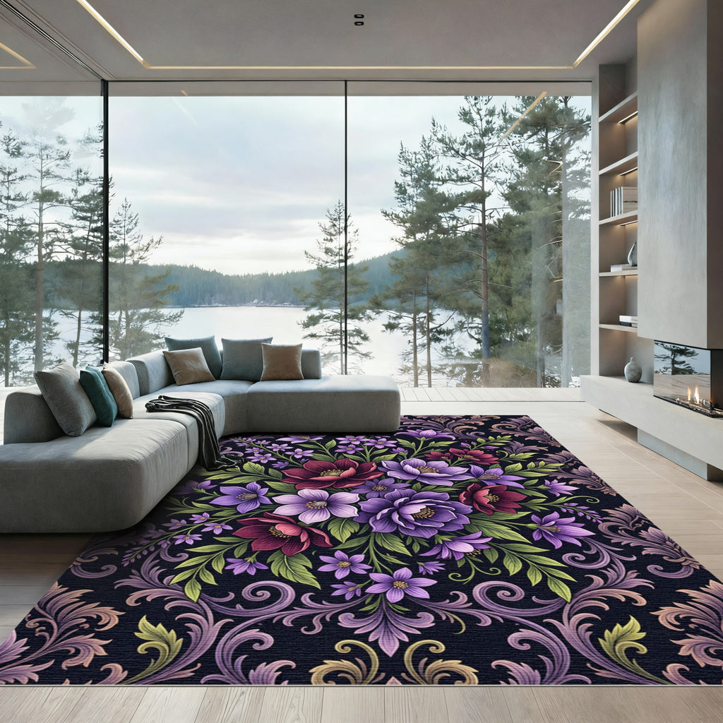 Elegant Purple Botanical Damask Floral Rug