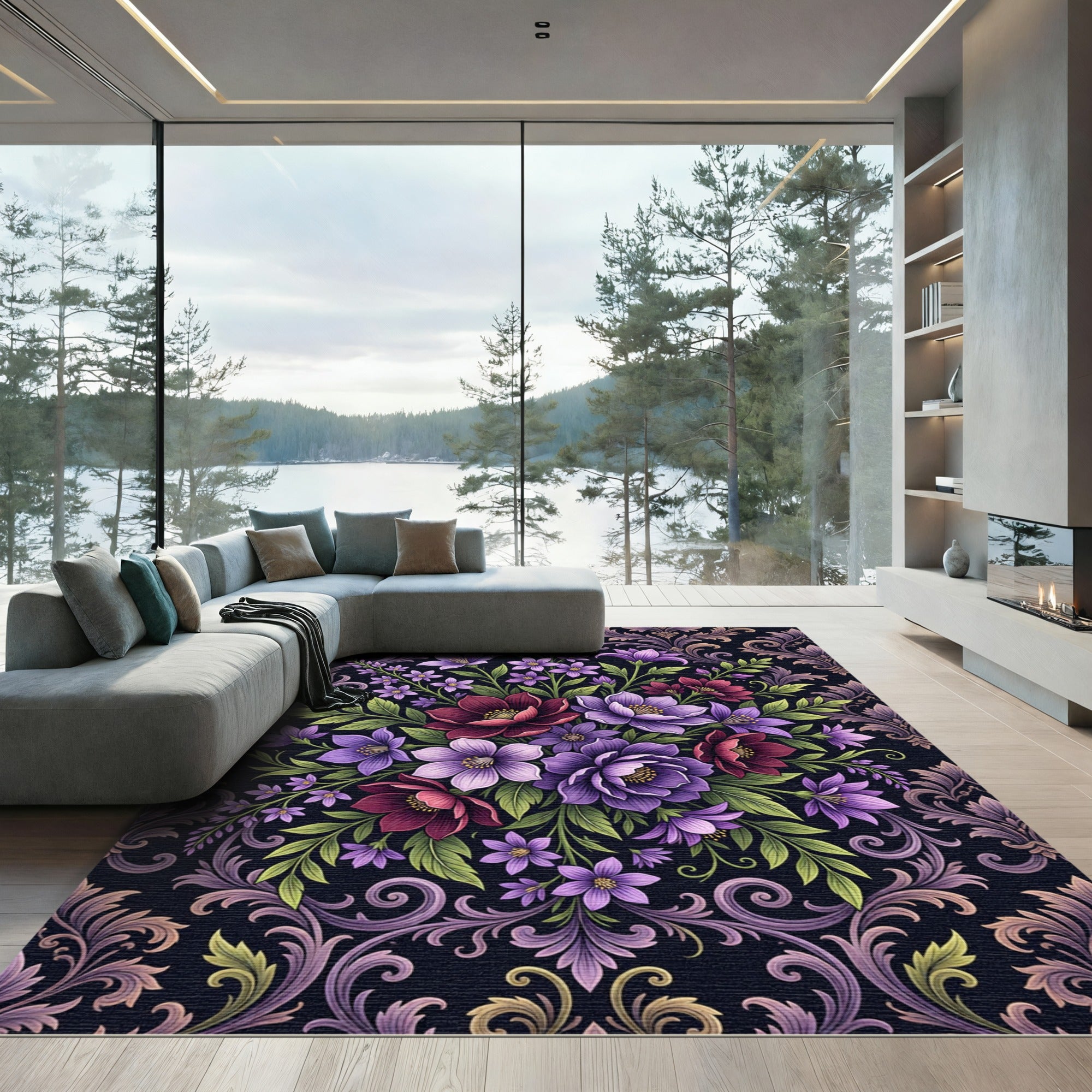 Elegant Purple Botanical Damask Floral Rug