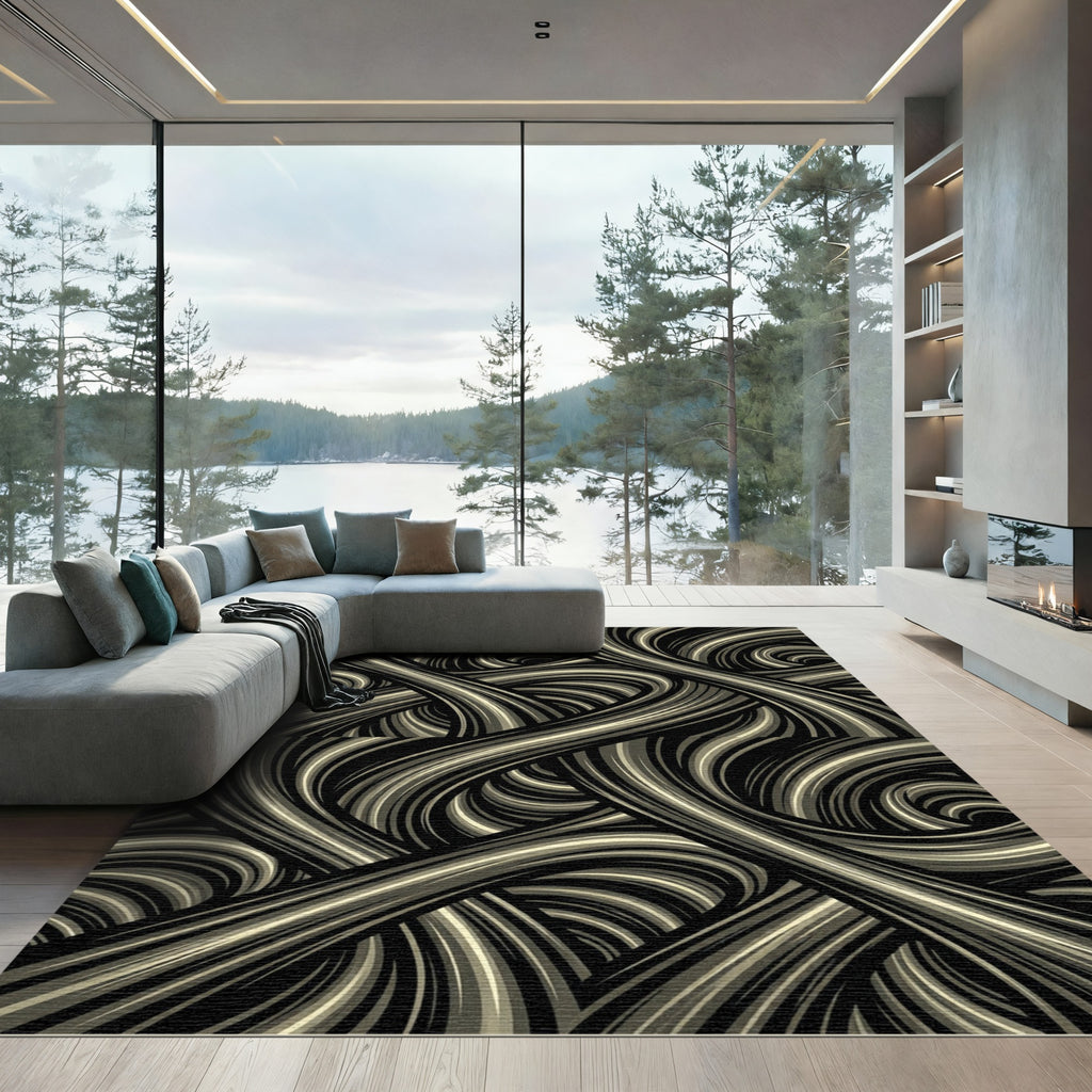 Dynamic Swirl Monochrome Stripe Rug