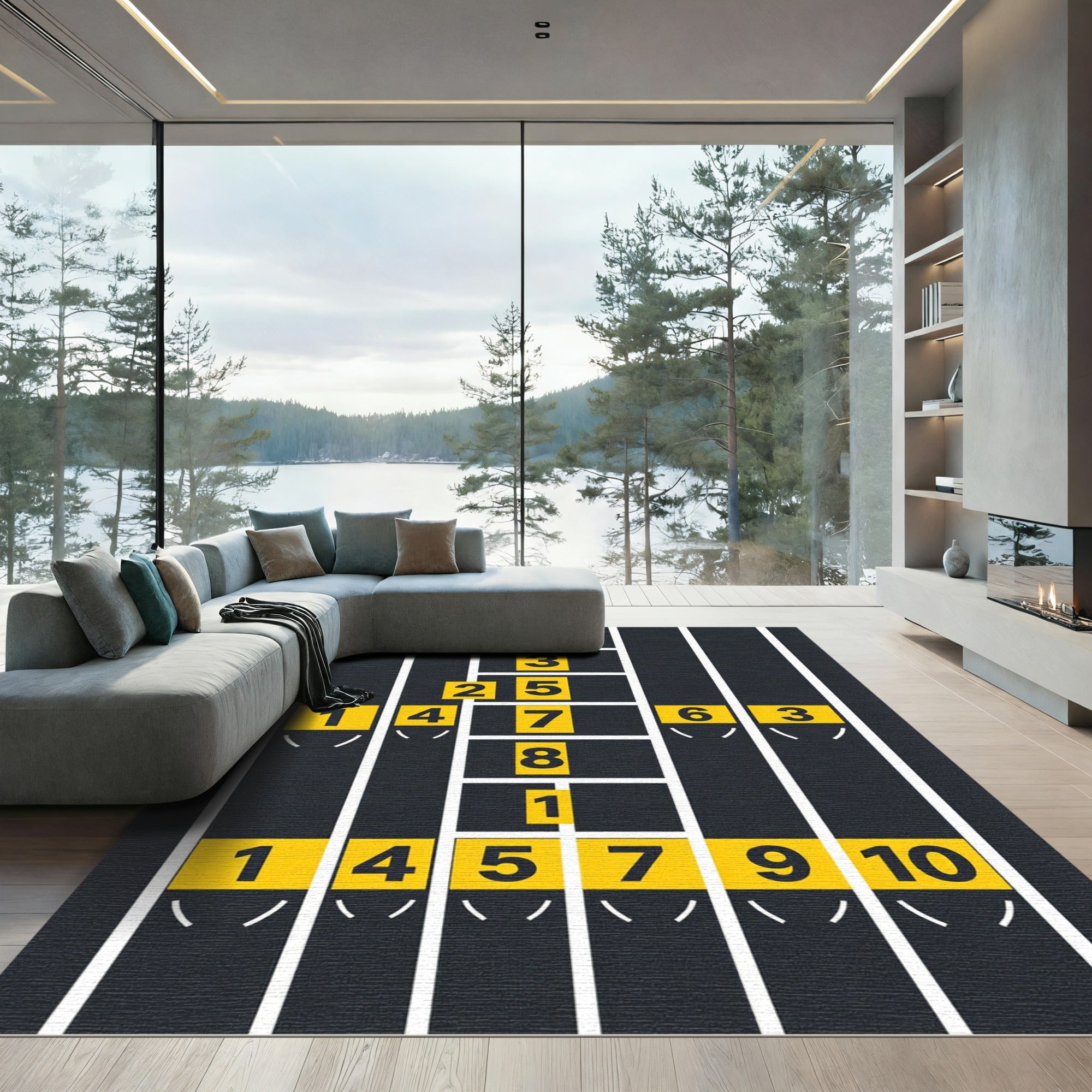 Modern Geometric Numbered Yellow Athletic Track Rug