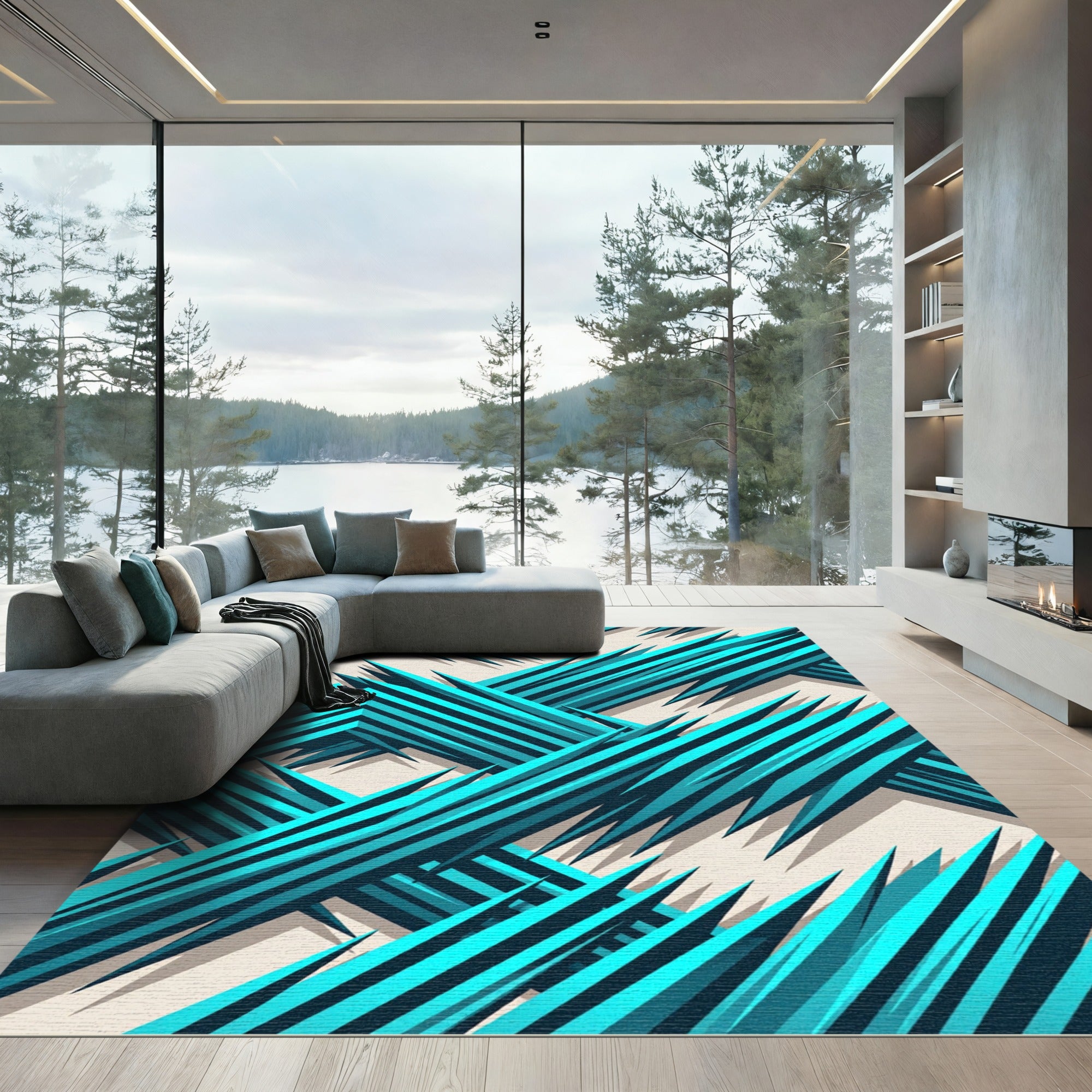 Sharp Teal Jagged Geometric Lines Rug
