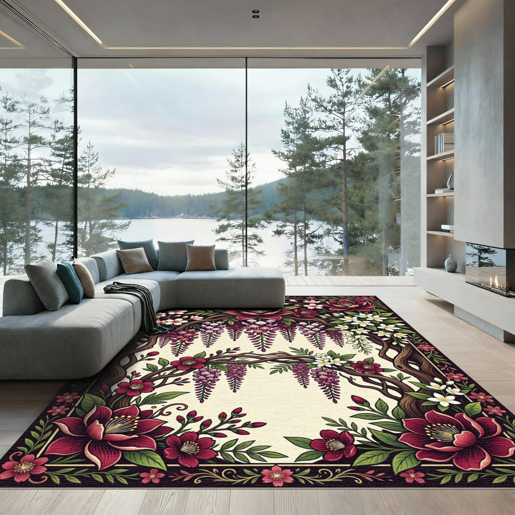 Crimson Floral Arc Wisteria Bloom Rug