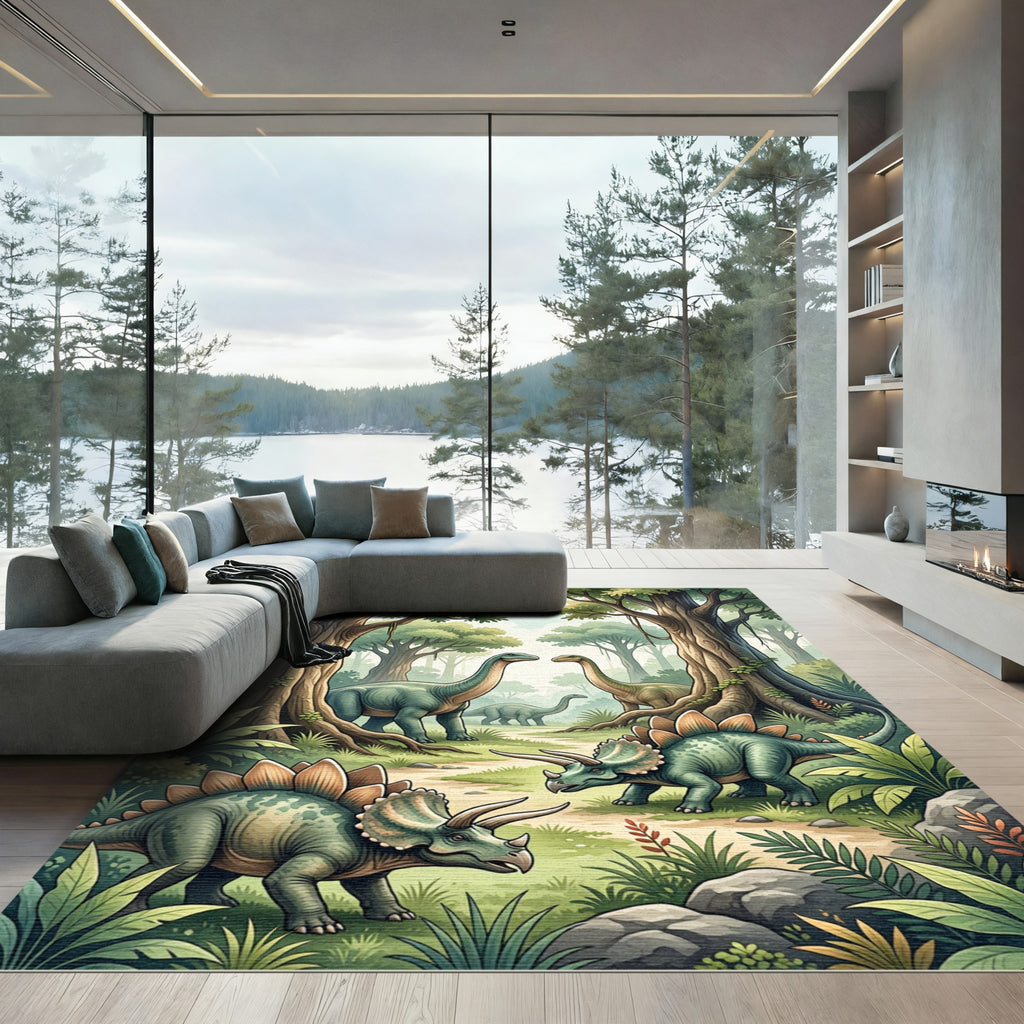 Prehistoric Jungle Dinosaurs with Verdant Foliage Rug