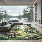 Prehistoric Jungle Dinosaurs with Verdant Foliage Rug