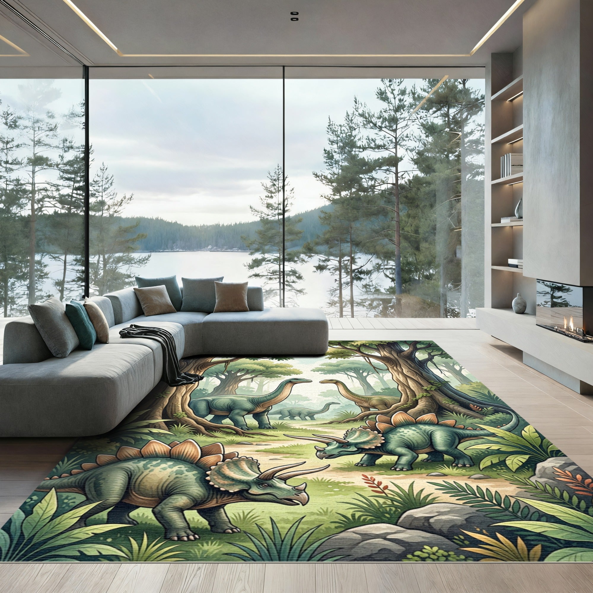 Prehistoric Jungle Dinosaurs with Verdant Foliage Rug