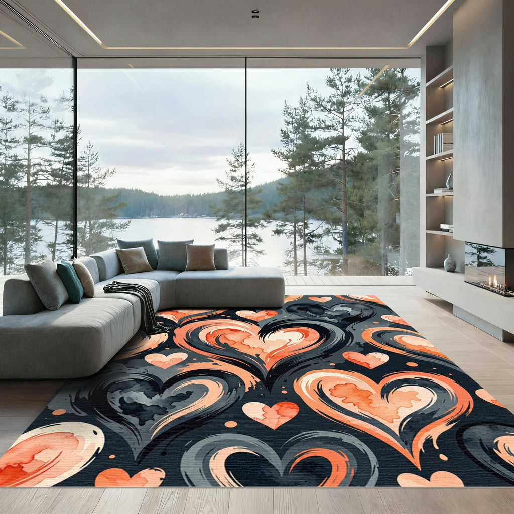Coral Pink Watercolor Heart Swirls Rug