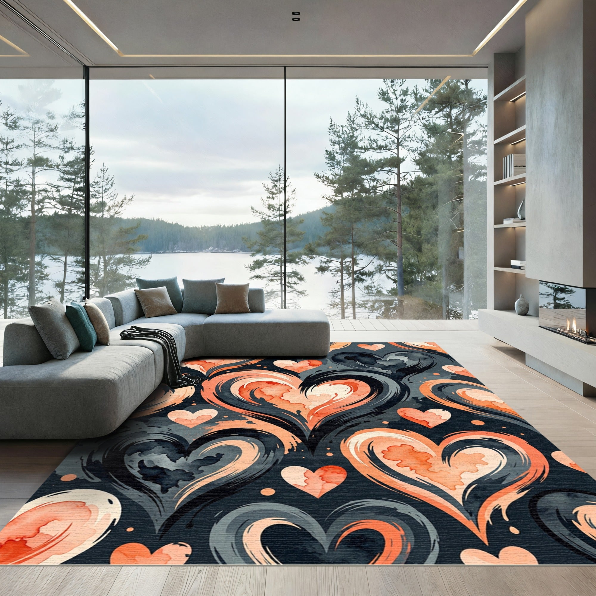 Coral Pink Watercolor Heart Swirls Rug