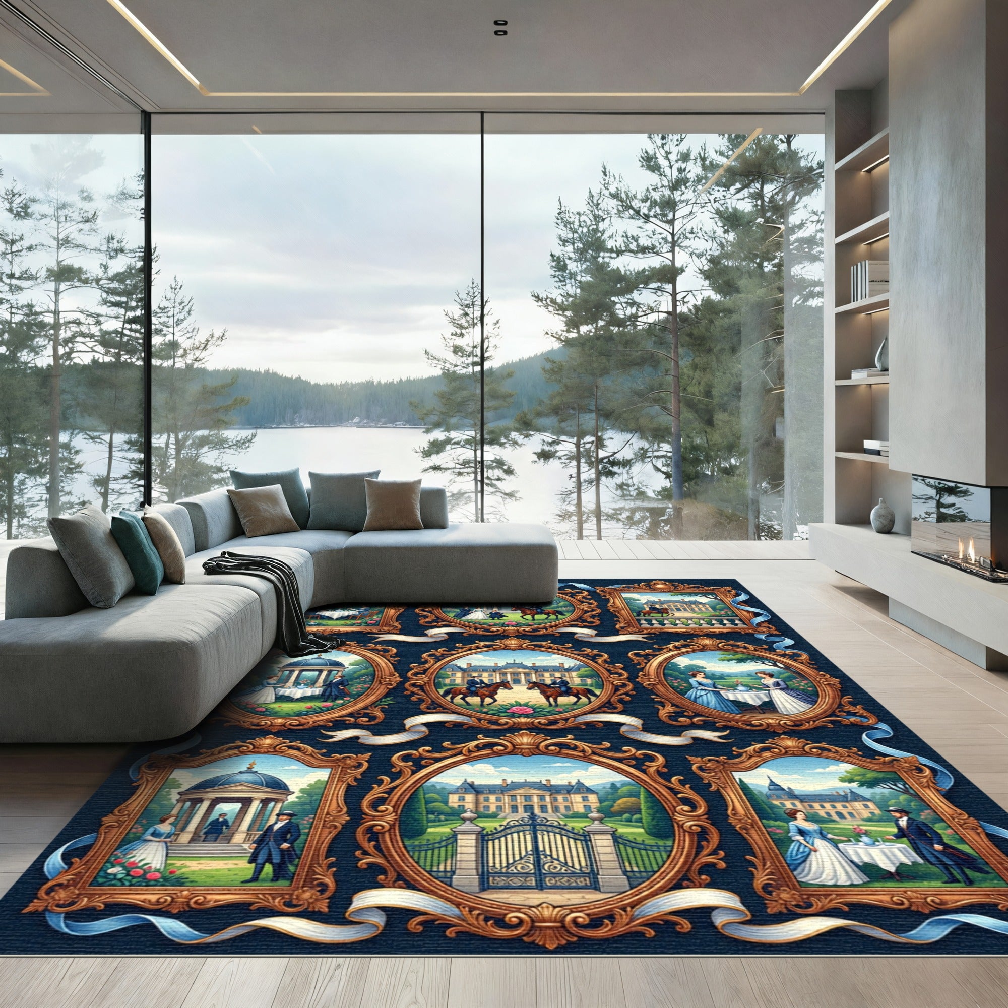 Gilded Rococo Estate Aristocratic Court Scenes Rug