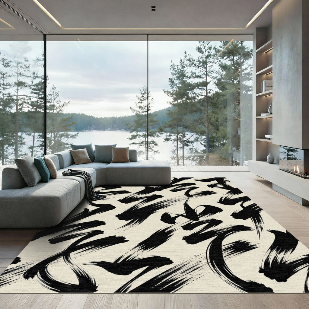 Bold Black Abstract Brushstroke Ink Rug