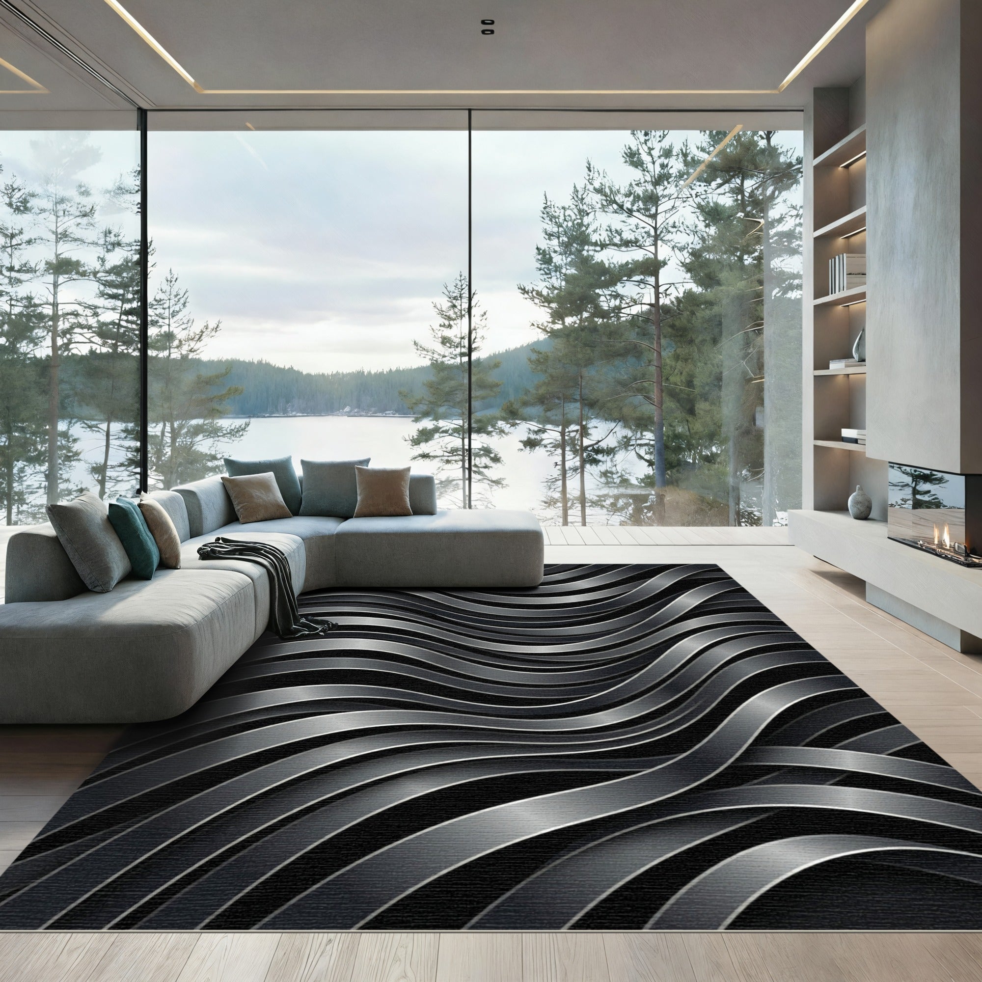 Abstract Metallic Wave Ribbon Rug